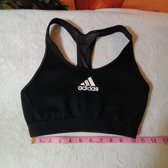 VGUC: Adidas Black Racerback Sports Bra with White Logo - Picture 1 of 3